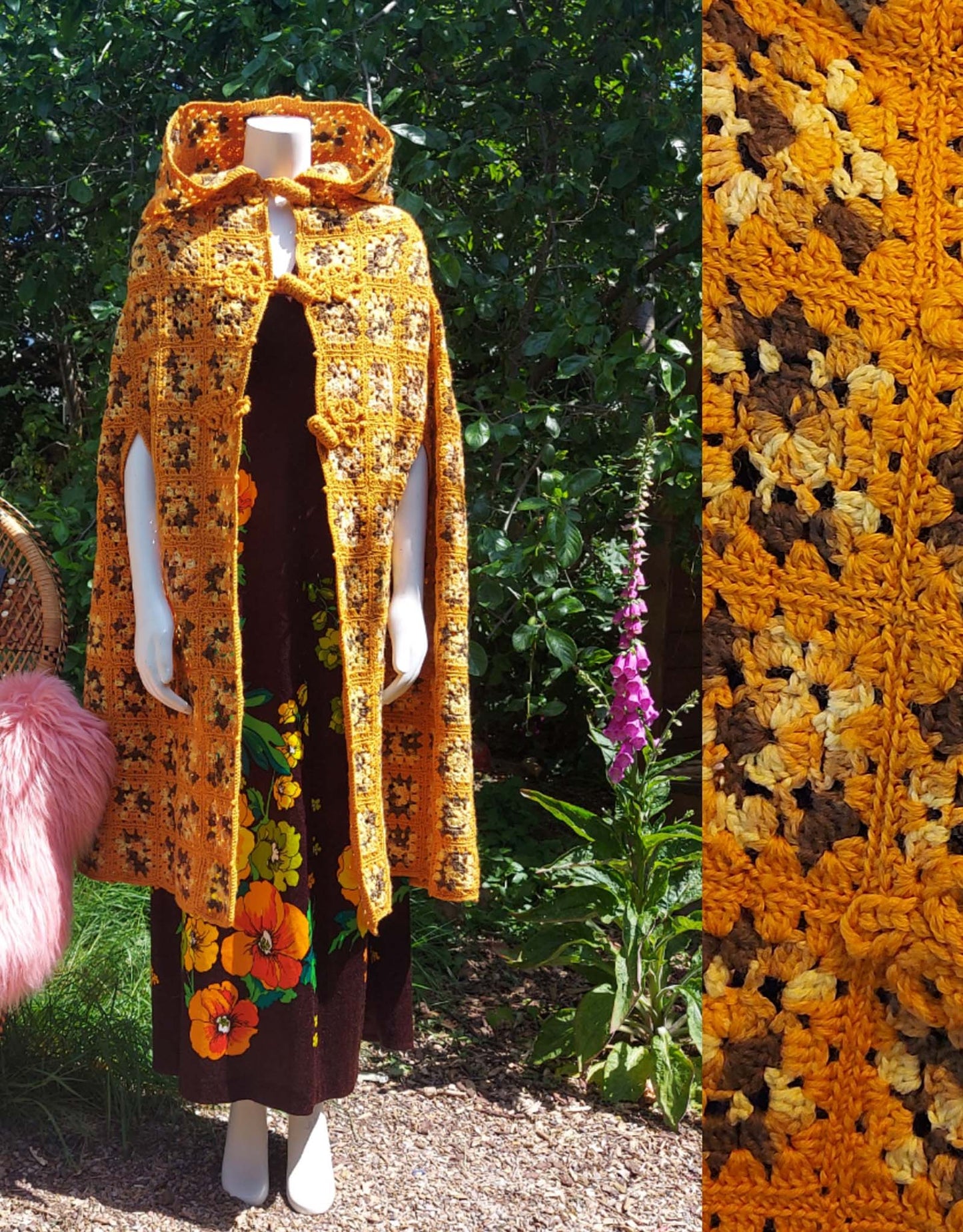 Earth dance ! 1970's hand Crochet hooded Cape