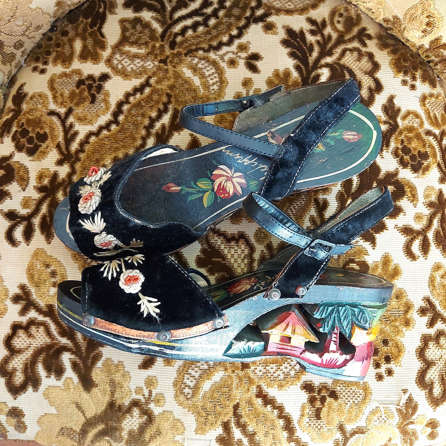 1940's hand painted Carved Wooden Shoes