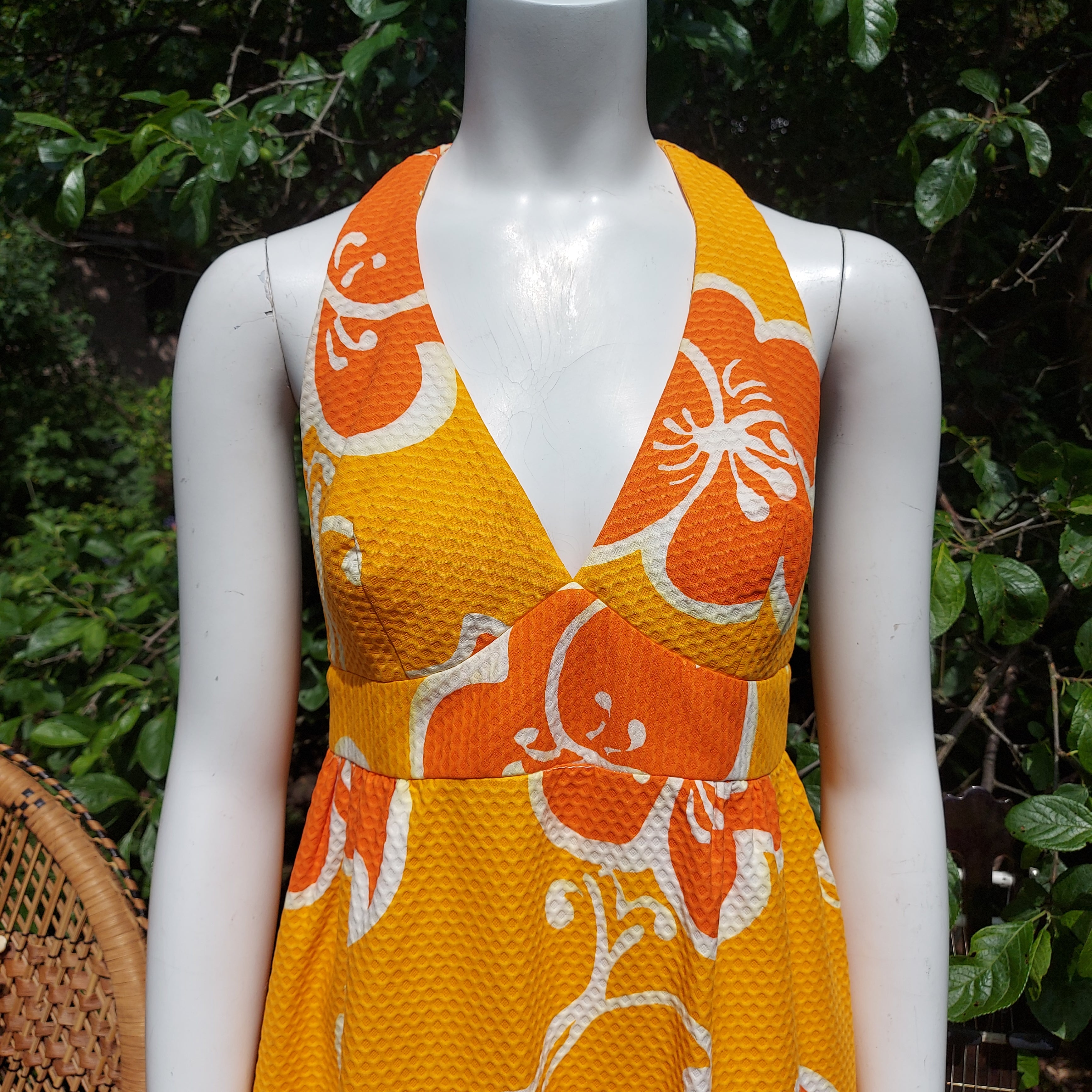 Vintage 60s 70s MOANA KAI Honolulu Brown Bark Cloth Halter Maxi Dress Size 5 / hotsell XS / 28