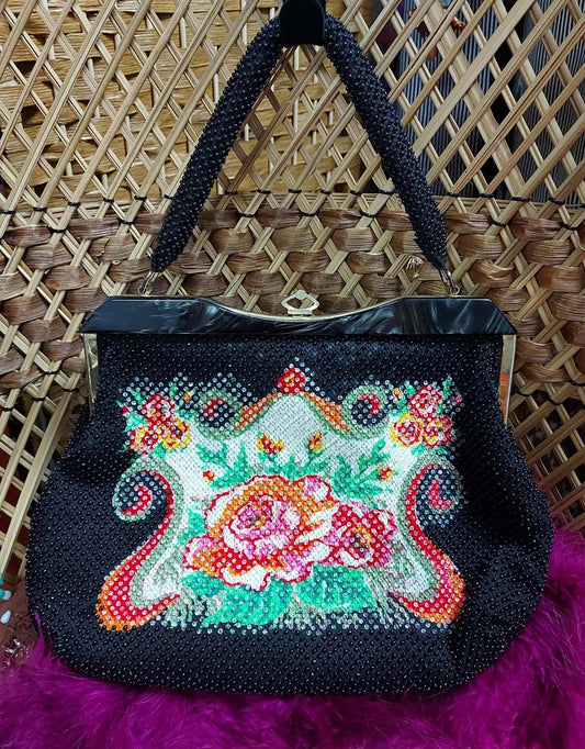 1960's Beaded Handbag with Lucite trim and brass fastening
