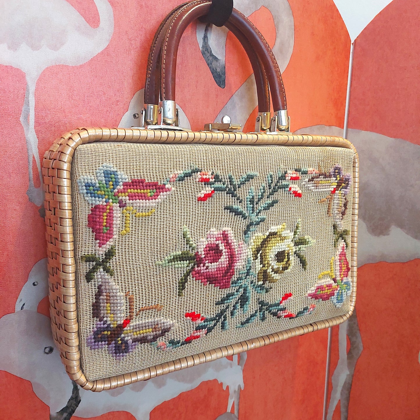 Beautiful 1950's Butterfly and Floral Needlepoint and Wicker Bag